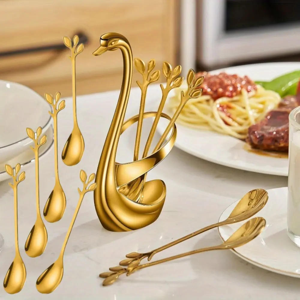 Gold Small Coffee Spoon Holder Set,Swan Base With 10 Pcs Demitasse Espresso Spoons Set,4.7" Mini Leaf Dessert Spoon,Stainless Steel Tea Spoons