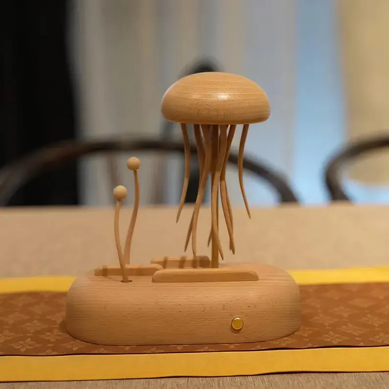 Engraved Wooden Jellyfish Automaton: Handmade Kinetic Sculpture