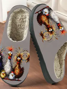 Funny Colorful Rooster Print Cotton Slippers, Cute Animal Pattern, Anti-Slip Thick Rubber Sole, Warm Home Shoes for Men and Women, Fall & Winter