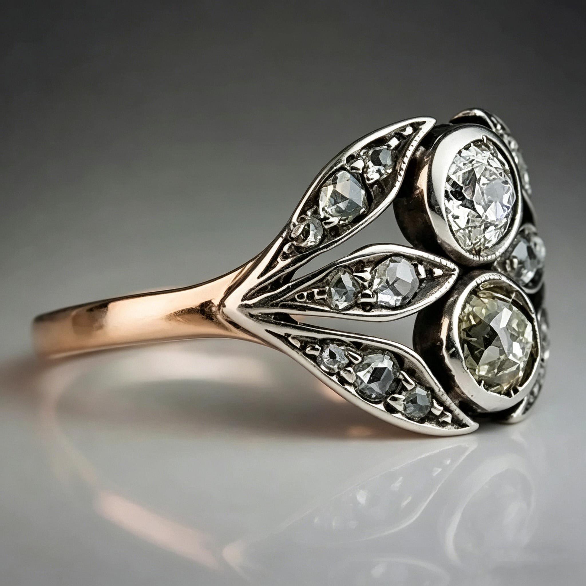 An Edwardian-style vintage court ring featuring an old European cut, exquisite openwork leaf design, and large synthetic zirconia stones. This beautiful engagement ring embodies a luxurious yet understated antique jewelry aesthetic.The  gift for her.