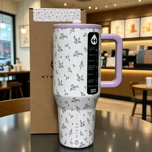 HydroJug Traveler 40oz Insulated Tumbler - Purple Floral Print Leakproof, Cup Holder Friendly, Stainless Steel Water Bottle with Handle & Straw, Portable Kitchenware Drinkware forCamping, Gym, Ideal Birthday Gift,