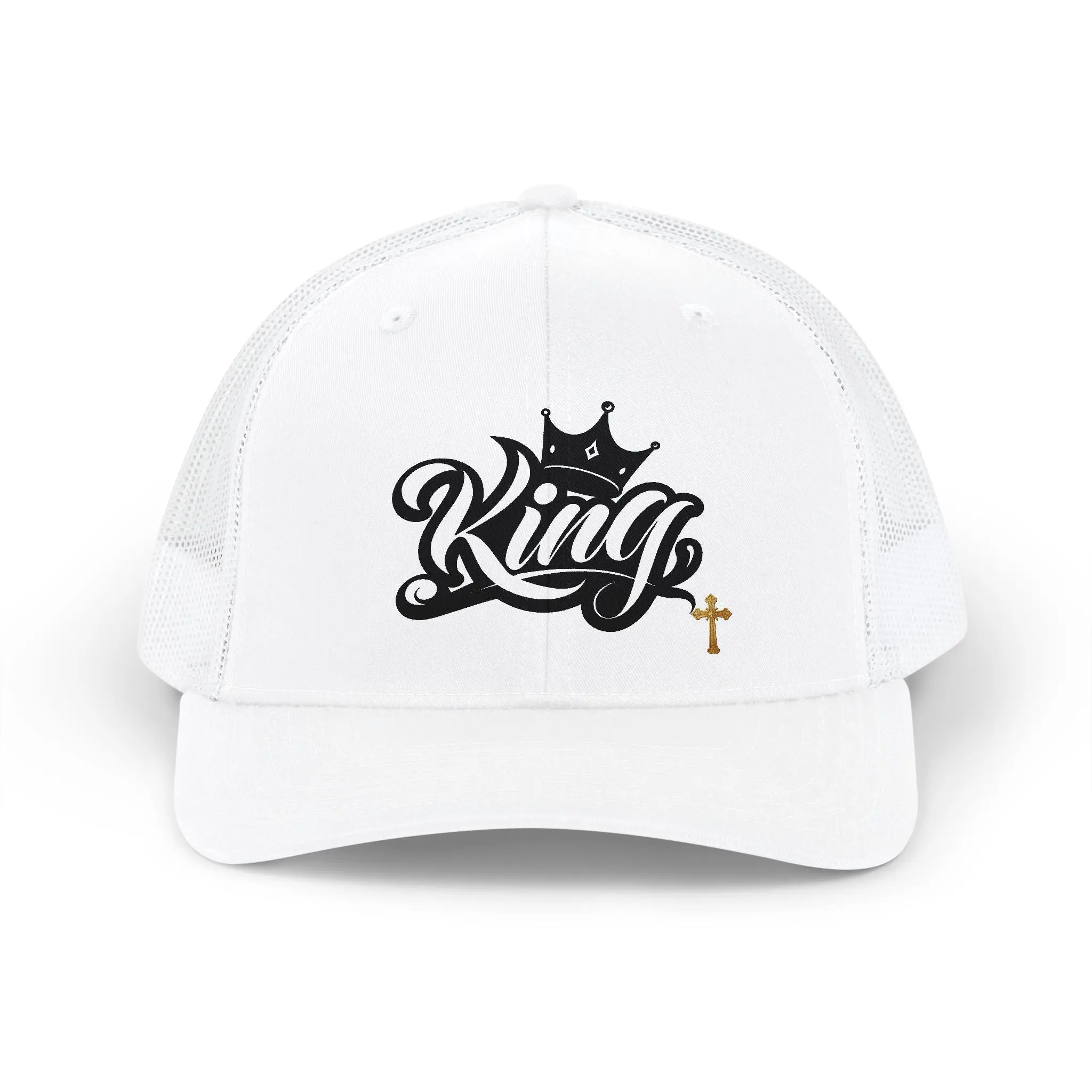 King Script Snapback Trucker Cap — Crown & Cross Embroidered Hat