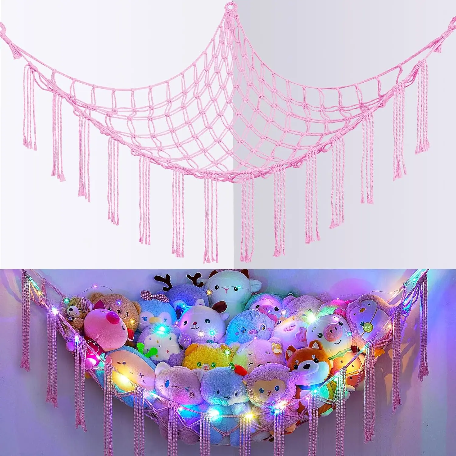 Stuffed Animals Hammock with LED Light Corner Net, Girls Room Decor | Stuffed Animals Storage, Hand-Woven, Tassels, Holds Plush for Nursery, Playroom, Kids Bedroom Decor Toy Hammock Net Corner