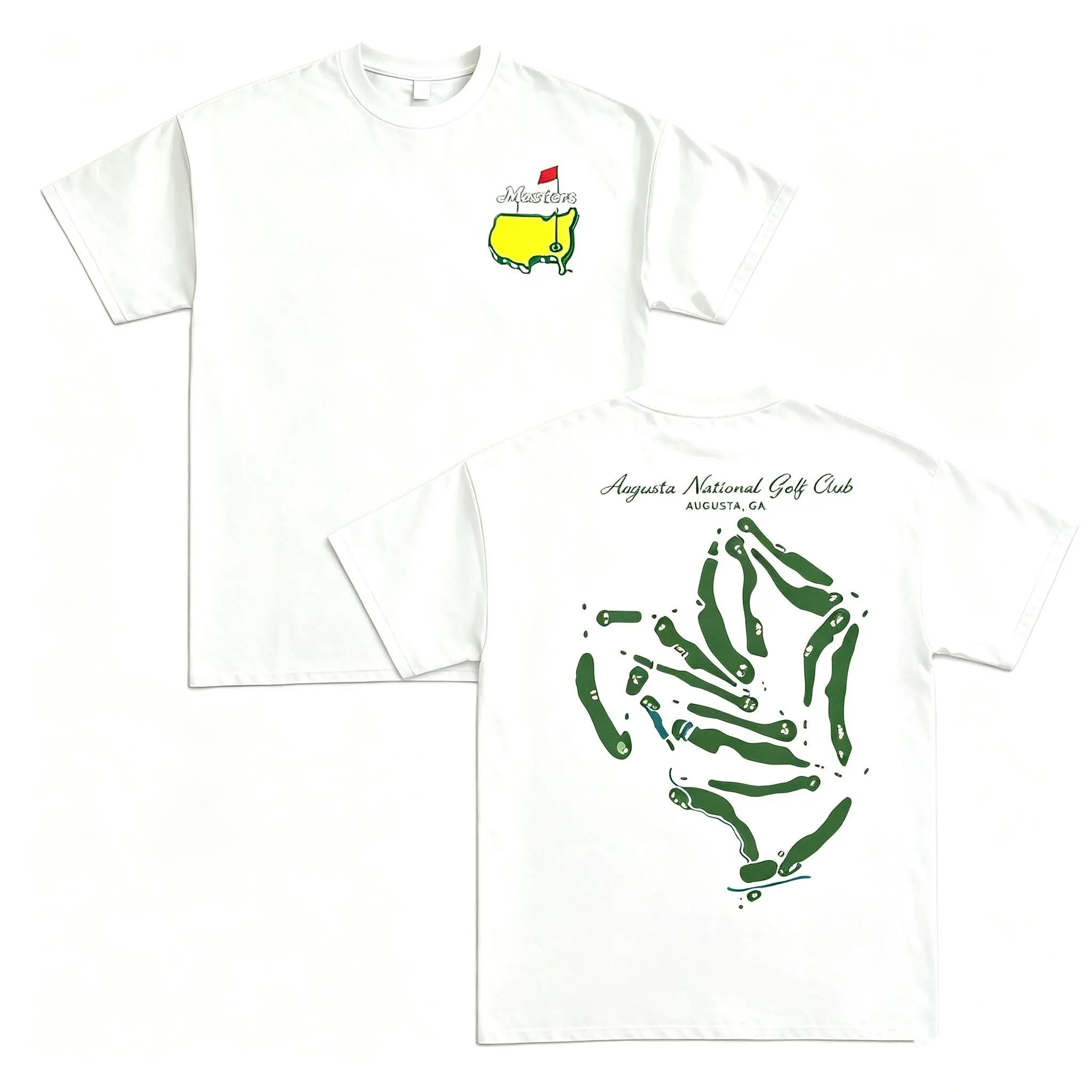 Unisex retro cotton T-shirt with Augusta National Golf Course map print, Masters Tournament themed design. Breathable, skin-friendly, and versatile short-sleeved for summer.