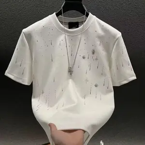 Summer short-sleeved men's tops heavy industrial light luxury high-end meteor full diamond T-shirt men's round neck half-sleeved T-shirt Menswear Tshirt Streetwear Tropical Casual Crewneck Shortsleeve Operator Black