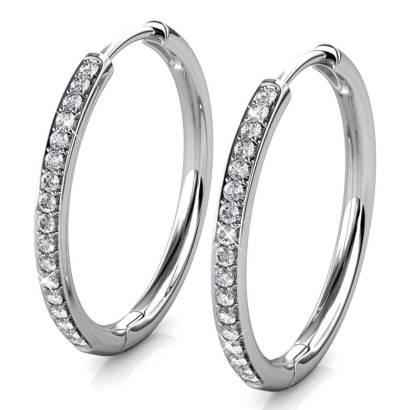 Cate & Chloe Bianca 18k White Gold Plated 25mm Hoop Earrings for Women – 34 Simulated Diamond Crystal Hoops – Hypoallergenic, Lead & Nickel Free Lightweight Earrings with Secure Latch Back – Premium Gift Box Included, American Owned Brand