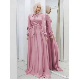 Elegant Satin Maxi Dress for Women Muslim Abaya Lace-up Long Sleeve Ramadan Long Dress Robe Arab Ankle-Length Vestidos 2026