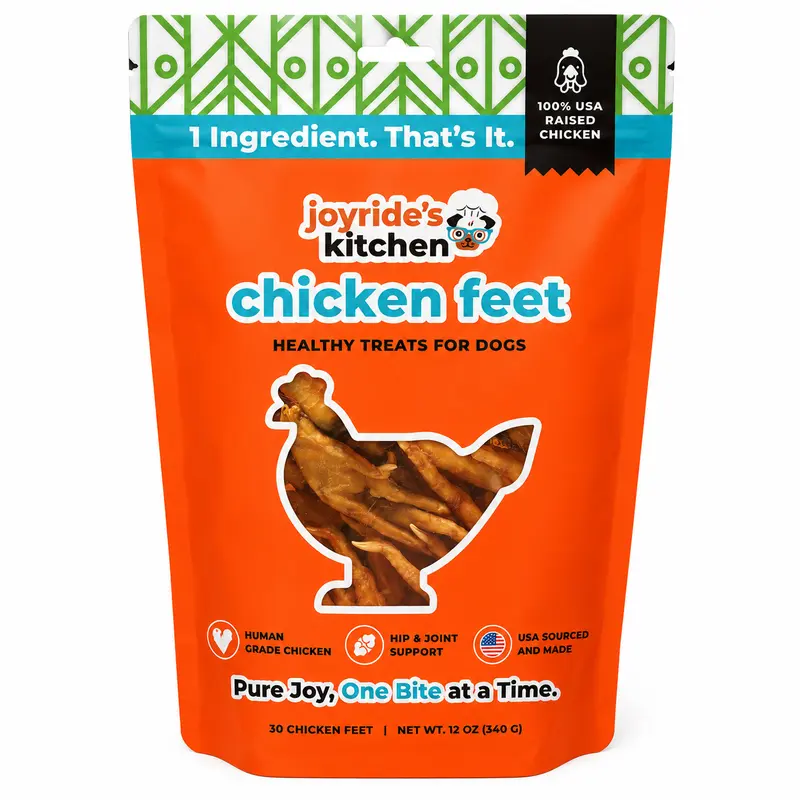 Joyride's Kitchen USA Chicken Feet Dog Treats - Humanely Raised USA-Sourced BCC Farm Single-Ingredient Human-Grade Vet-Recommended Dental Chew Food, Tartar & Plaque Control, Joint Support, Feeding Use, Natural, 30 Pack, 10 Ct