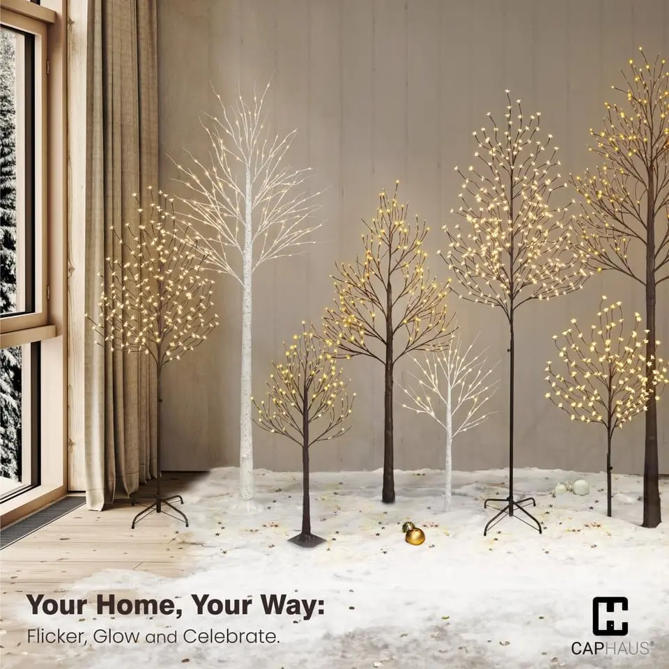 CAPHAUS Full Brown Twinkling Birch Tree w/ LED Lights, Lighted Birch Tree, Full Artificial Brown Twig Tree w/Warm White Lights for Festival, Holiday Decoration Indoor, 4ft/ 6ft/ 8ft/ SET