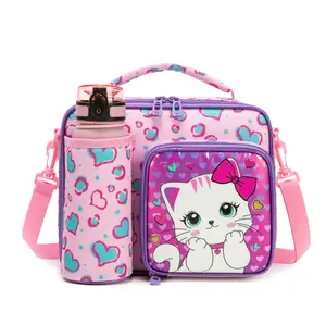 Kids Lunch Bag Girls - Thermal Insulated Lunch Box Tote with Water Bottle Holder, Reusable Leak-Proof Kids Lunch Box for Daycare & School, Pink Cat (Containers Not Included) outdoorfun