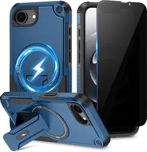 for iPhone 17E/16E Case with Privacy Tempered Glass Screen Protector , Compatible with MagSafe, Invisible Kickstand, Shockproof Phone Cover, Blue