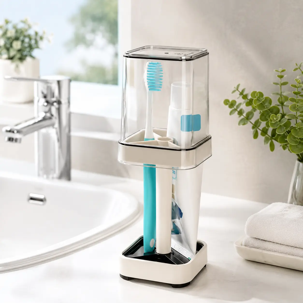 Plastic 3-Slot Bathroom Toothbrush Holder with Dustproof Cup Cover, Non-Slip Vanity Storage Rack, Compact Multi-Section Organizer (3.3in Height, 8.46cm Width) for Electric Toothbrushes, Manual Brushes, Razors, Dental Floss