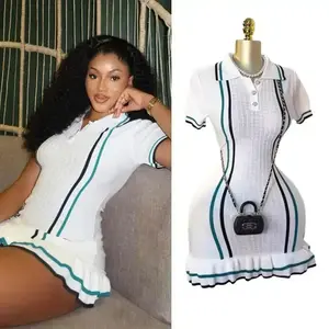 Fashion Sexy Package Hips Knitted Mini Dress 2025 Summer Vintage Turn-down Collar Ruffled Party Streetrwear Casual Womenswear Shortsleeve Stripe Striped