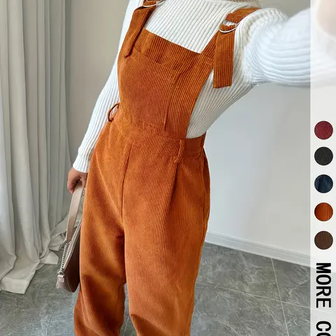 Women's Casual Woven Solid Jumpsuit Overalls with Adjustable Straps, Button Front Design, Fitted Style for Fall & Winter Seasons