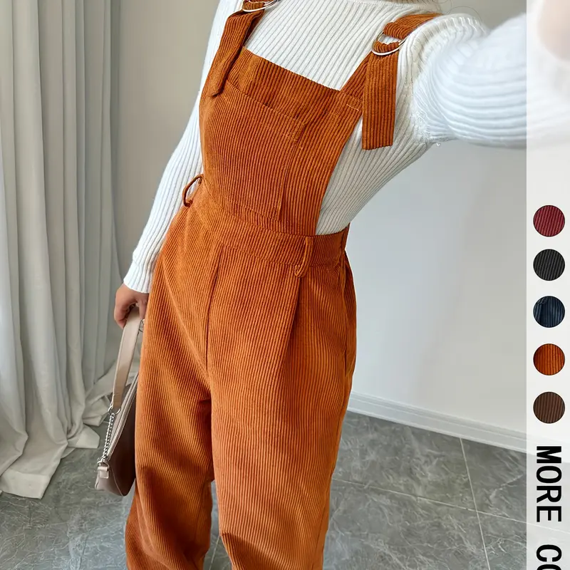 Women's Casual Woven Solid Jumpsuit Overalls with Adjustable Straps, Button Front Design, Fitted Style for Fall & Winter Seasons