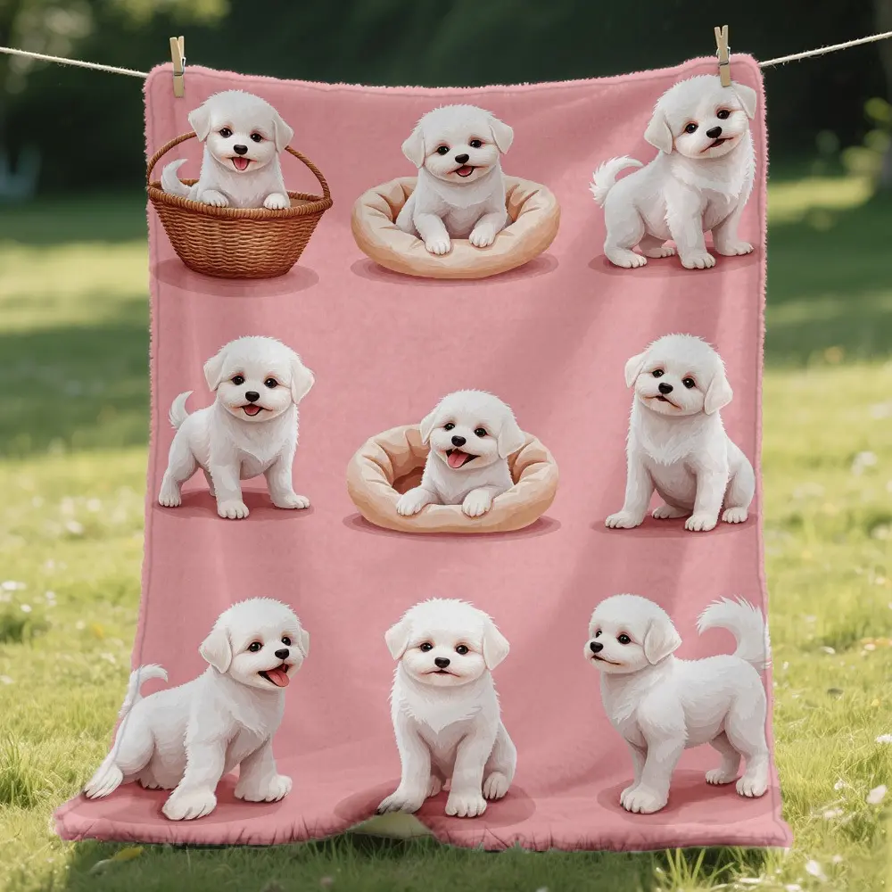 White Puppy Blanket, Soft Flannel Throw Blanket with Cute Small Dog Puppy Print, Cozy Gift for Women Girls Kids Teens Dog Moms and Pet Lovers, Pink Dog Blanket for Bed Couch Sofa Dorm, Lightweight Warm Throw for Movie Night