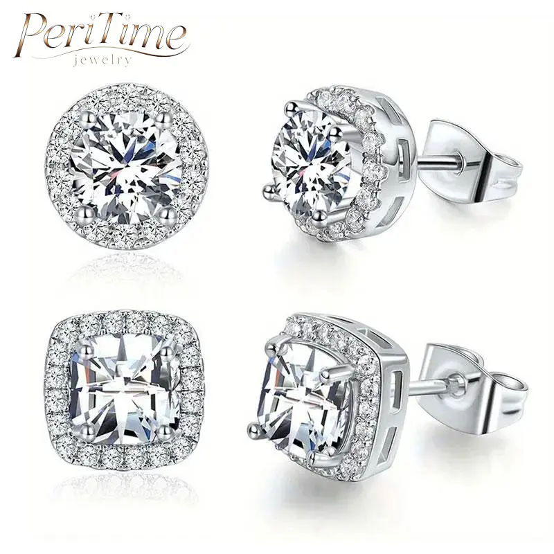 PERITIME Luxury Halo Cubic Zirconia Stud Earring Set—Available in gold and silver tones, and in round or square shapes; crafted from hypoallergenic materials—a gift designed for her; includes earring backs and an elegant jewelry box—perfect  a birthday .