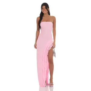 Mesh Strapless Triple Ruffle Maxi Dress in Pink