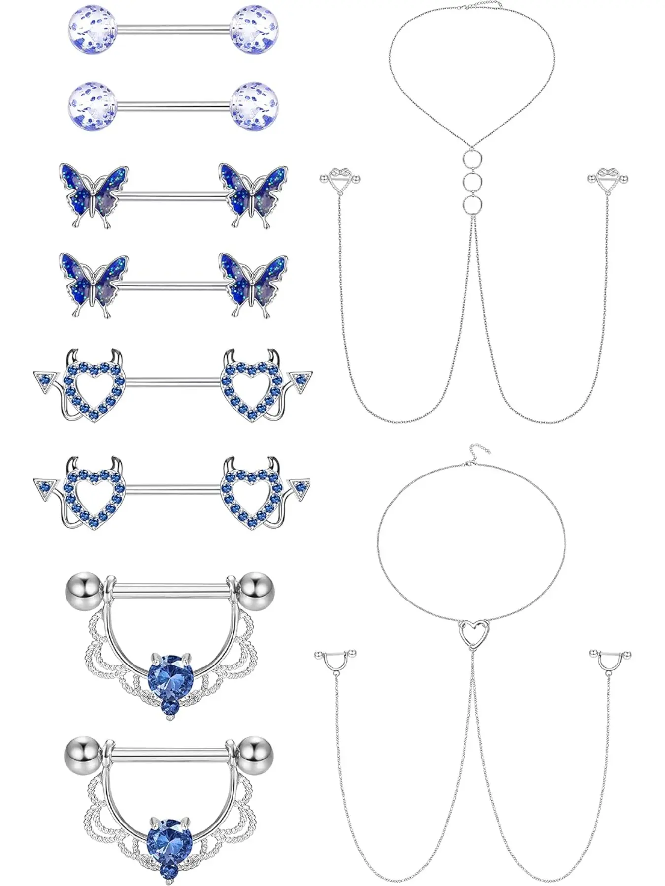 14G Stainless Steel Nipple Rings for Women CZ Butterfly Heart Nipple Rings with Choker Necklace Nipple Barbell Body Piercing Jewelry Chest Rings