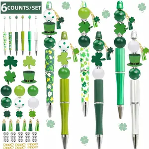 St Patrick's Day Themed Beaded Pen Set, Customized Ballpen, Rollerball Pen Set, 6 Counts/12 Counts Beaded Pen & 6 Counts Wooden Bead & 6 Counts Hat Design Pendant, DIY Writing Pen Set, Multi Purpose Pens