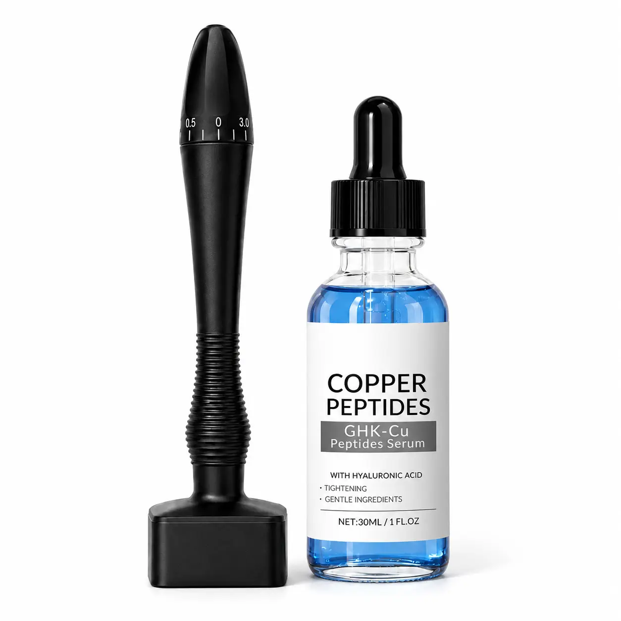 140-Needle Derma Stamp & GHK-Cu Serum Set, Adjustable Microneedling Stamp with Copper Peptide and Hyaluronic Acid Face Serum for At-Home Skincare, 30 mL