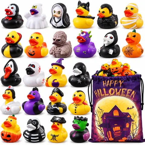 24-Pack Halloween Rubber Ducks with Drawstring Bag, 24 Unique 2-Inch Bath Toys for Trick-or-Treat Handouts, Party Favors & Classroom Prizes