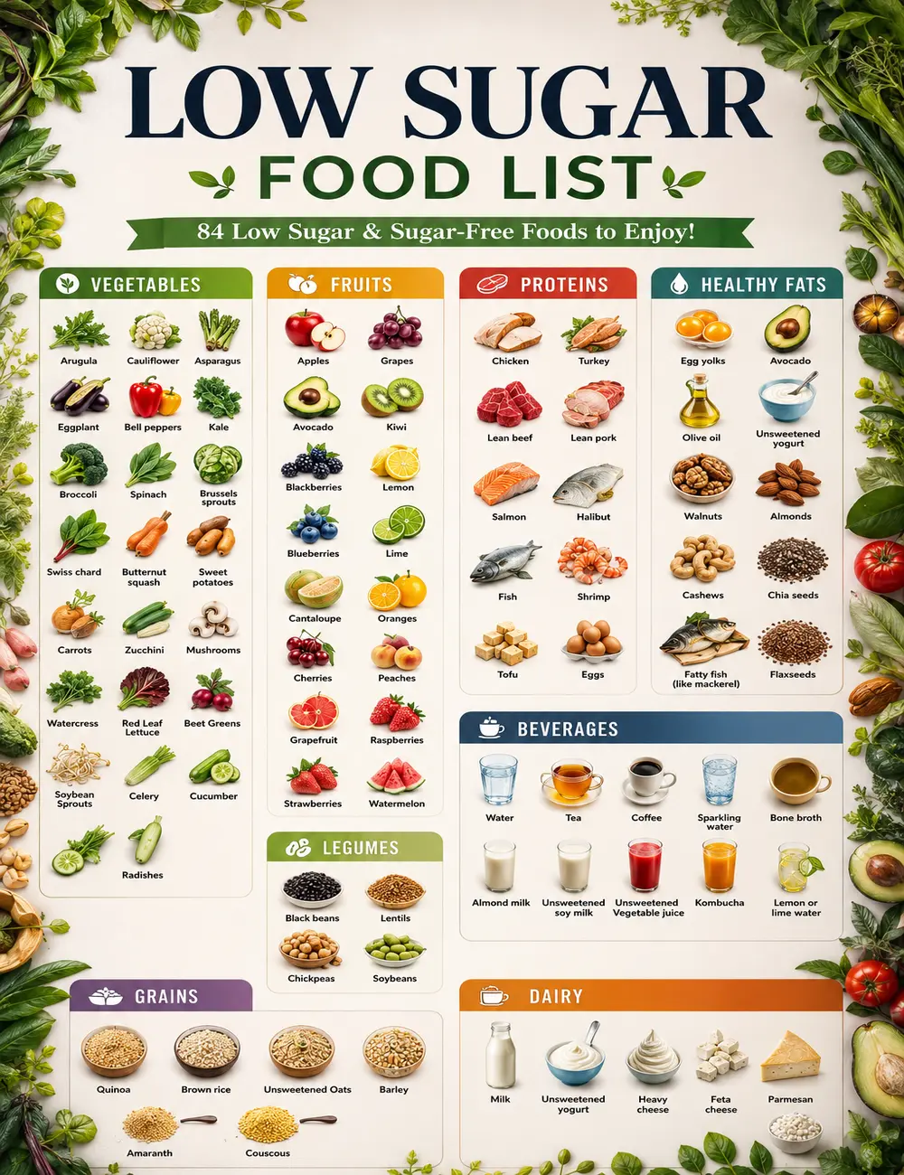 Low Sugar Food List Poster, Low Carb Diet Food Chart, Diabetic Friendly Foods Guide, Sugar Free Grocery List, Healthy Eating Nutrition Wall Art, Diabetes Meal Planning Print, Kitchen Nutrition Poster, Wellness Clinic Decor, Educational Health Chart Gift