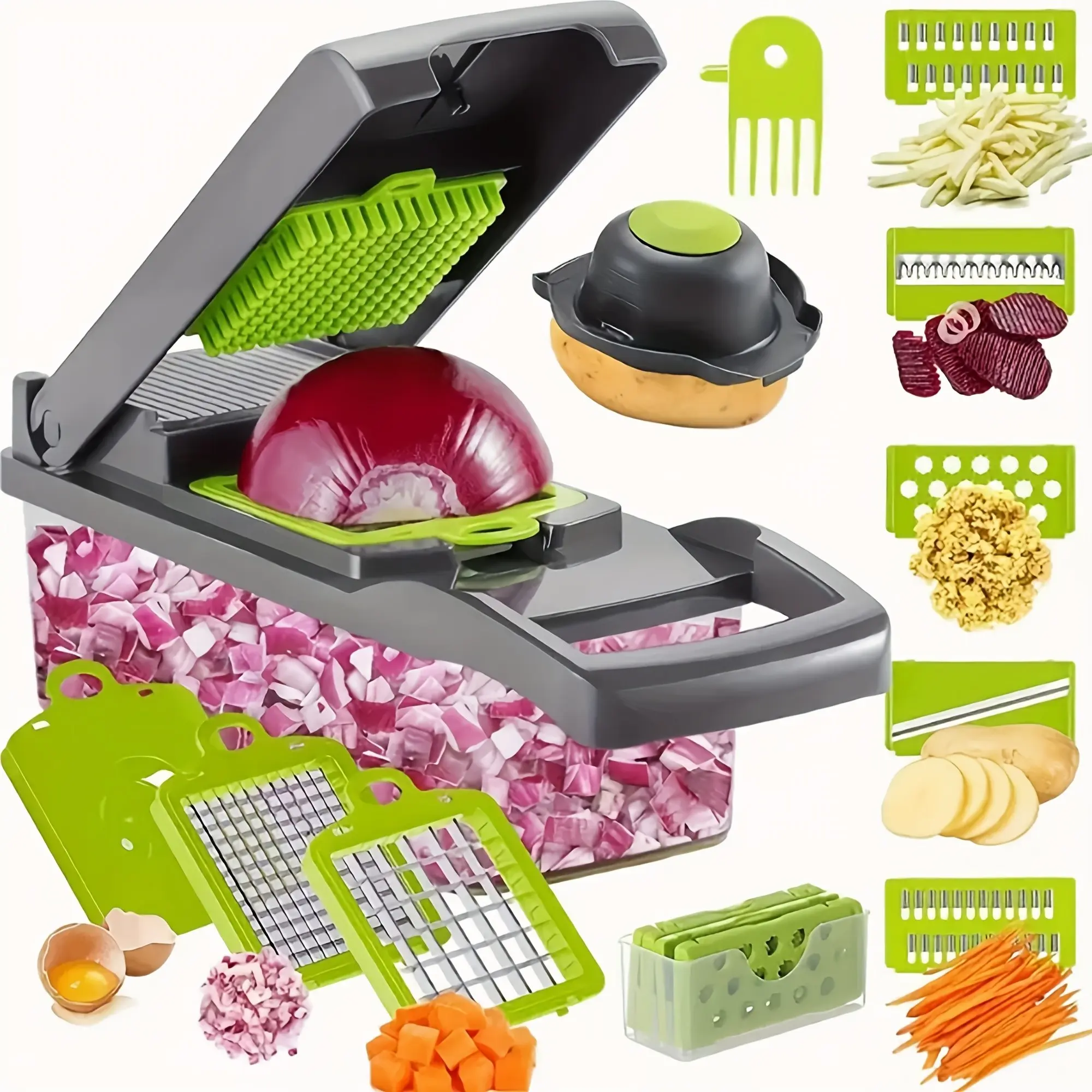16-In-1 Manual Vegetable Chopper Set, Veggie Chopper, Includes 8 Blades, Container, Peeler, Filter, Easy Meal Prep, Professional Onion Carrot Garlic Slicer, Kitchen Tools