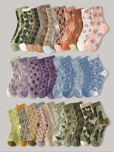 Women's Vintage Embossed Ditsy Floral Knee High Socks, Comfortable Breathable Mid-Calf Socks, Casual Fitted Design, All Seasons, Everyday Casual Wear