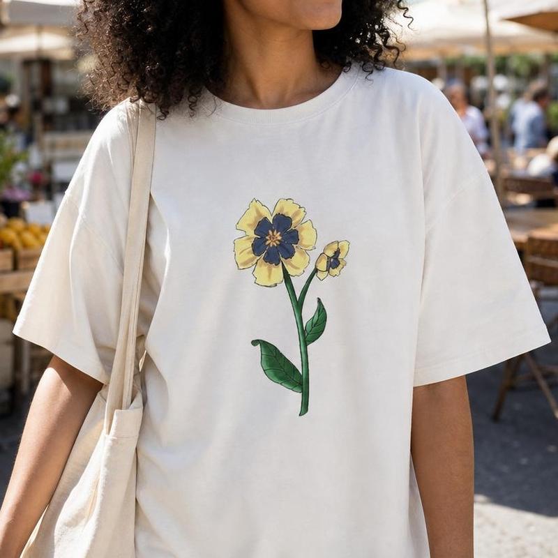 Women's 100% Cotton Crew Neck Short Sleeve Tops - Drop Shoulder, Vintage Floral Graphic Print, Yellow Cottagecore Aesthetic Casual Wear T-Shirt