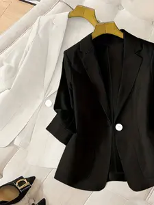 Women's two-piece plain color single-breasted double-pocket half-sleeve five-point suit jacket, suitable for spring and summer suitable for commuting outfit Fitted