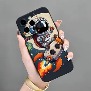 New Hand-painted Anime Astronaut Sitting on Rocket Pattern Creative Phone Case, Suitable for iPhone 16 E/XS/X/11/12/13/14/15/16Pro Max/Plus 17Air, Shockproof Full Protection Phone Case, Gift for Boyfriend/Girlfriend Couples Holiday MS36