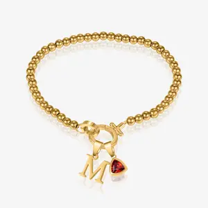 Customized Birthstone Letter Bracelet Charm Bracelets Personalization Initial Letter Birthstone Bracelet Adjustable Bead Bracelet Stainless Steel Waterproof Mother's Day Gift Jewelry Gift for Women Daughter Wife