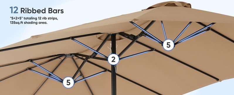 15ft Large Patio Umbrella with Base Included, Rectangle Table Umbrella Outdoor Patio, Outside Umbrellas for Deck, Market, Backyard, Khaki