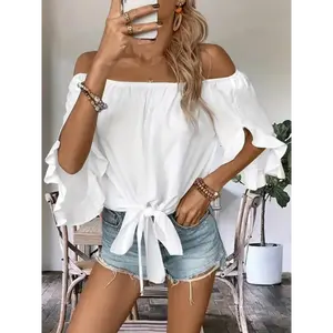 T-shirt Three-quarter Sleeve Ruffle Trim Off-shoulder Blouse, Casual Knot Hem for Spring & Summer, Women's Clothing Fabric Womenswear