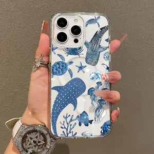 Trendy Magnetic Case Suitable for IPhone11/12/13/14/15/16/17/pro Promax Plus Air, blue whale shark Ultra Slim, MagSafe Support, Shockproof | Playful & Fun Style