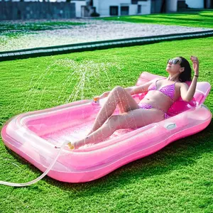 Summer Inflatable Tanning Pool Lounger Float with Sprinkler, 78" x 48" Pool Floats Adult with Pillow, 3 in 1 Blow Up Tanning Bed, Suntan Tub Raft Floatie for Pools, Beach, Backyard Summer Water Party