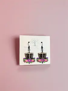 Whimsically Amy Midnight Berry Floral Disc Golf Basket Earrings Hypoallergenic Hand-Painted Wood Dangles Natural Dark Wood with Purple Magenta Flowers