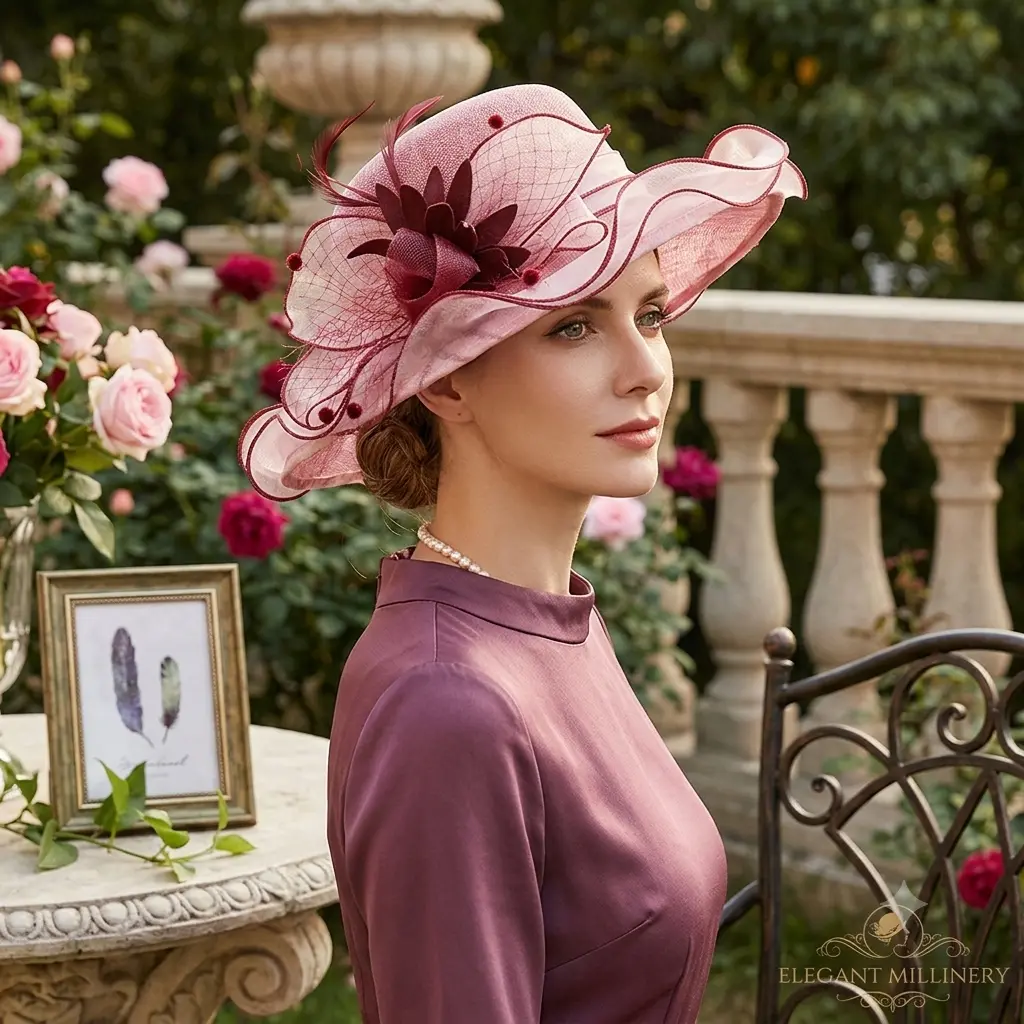 Women Elegant Wide Brim Sun Hat with Flower Lace Wedding Party Church Hats