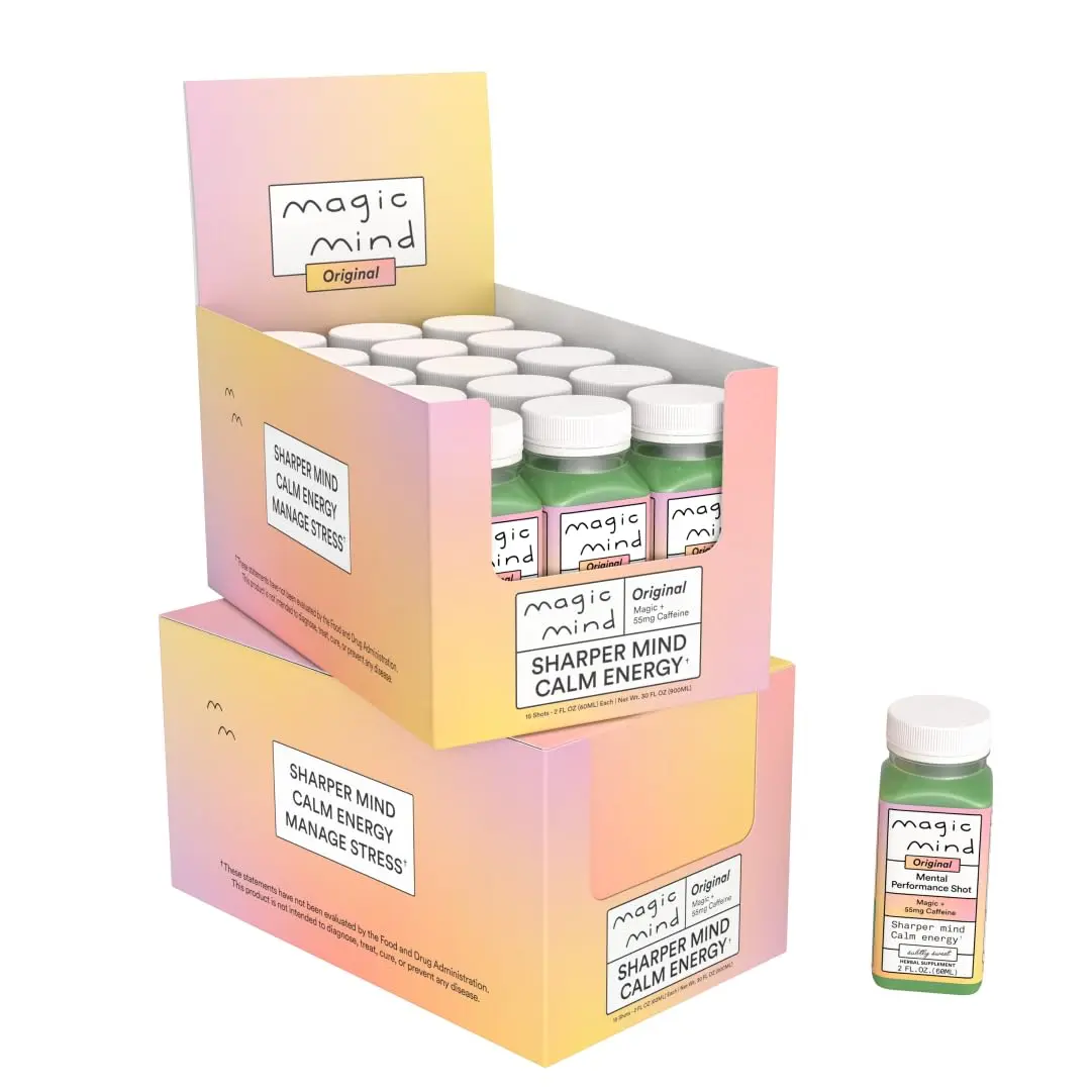 Magic Mind Energy And Focus Drink Shots - (30 Pack) Stress Relieving, No Jitters, Ashwagandha, Vitamin B12, Vitamin C, Matcha Green Tea, Functional Mushrooms - 2 FL Oz