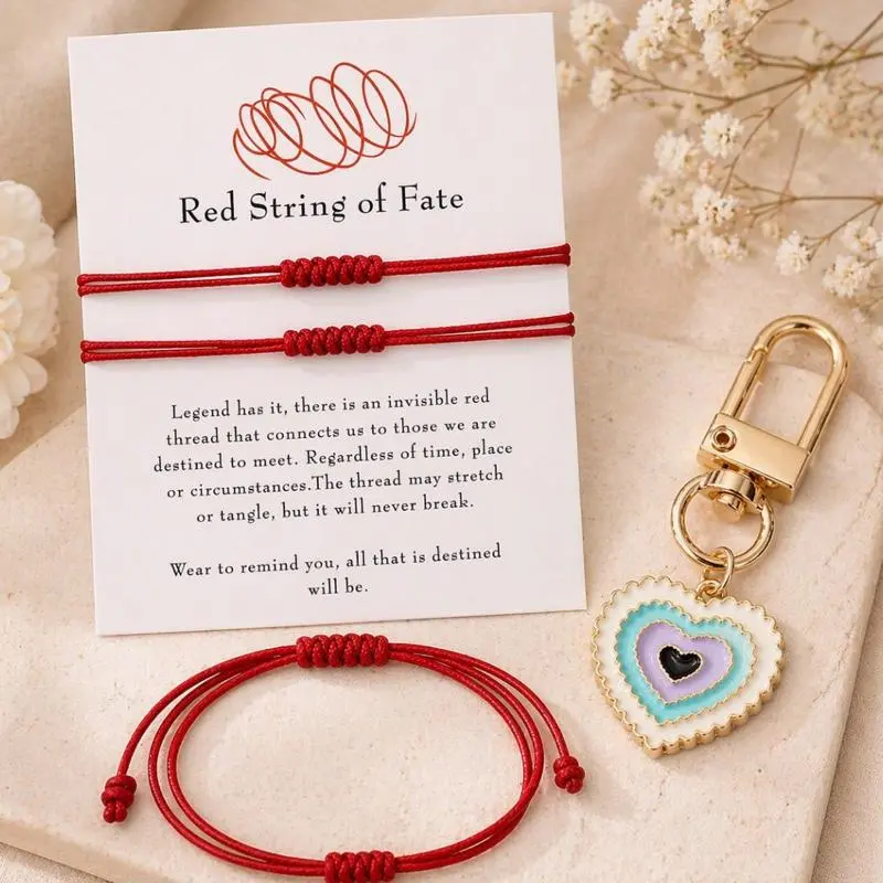 Red String of Fate Heart Design Bracelet - Unisex Cord Threader Jewelry with Heart Charm Keychain, Meaningful Connection Symbol, Perfect Gift for Loved Ones, Red Cord/String/Threader Bracelets & Bangles