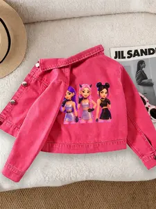 Girls' Casual Fashion Denim Jacket, Sweet Cool Kpop Girl Group Print, Comfortable Fit, Suitable for School and Dates, Ages 12 and Under