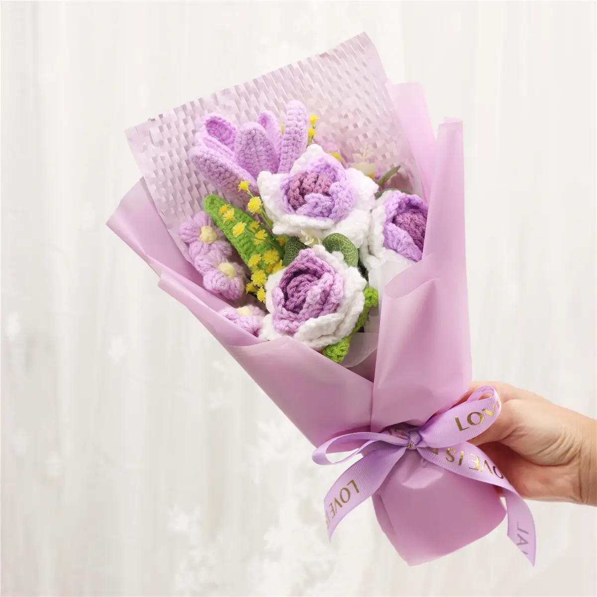 Greatflower Hand-Woven Soft-Tone Preserved Dried Flowers Bouquet in Pastel Colors for Elegant Home Decor with Delicate Ribbons