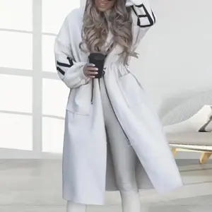 Winter Women Hooded Coat Patchwork Knitted Sleeves Outerwear With Pockets Letter Pattern Mid Length Drawstring Waist Overcoat Womenswear Jackets