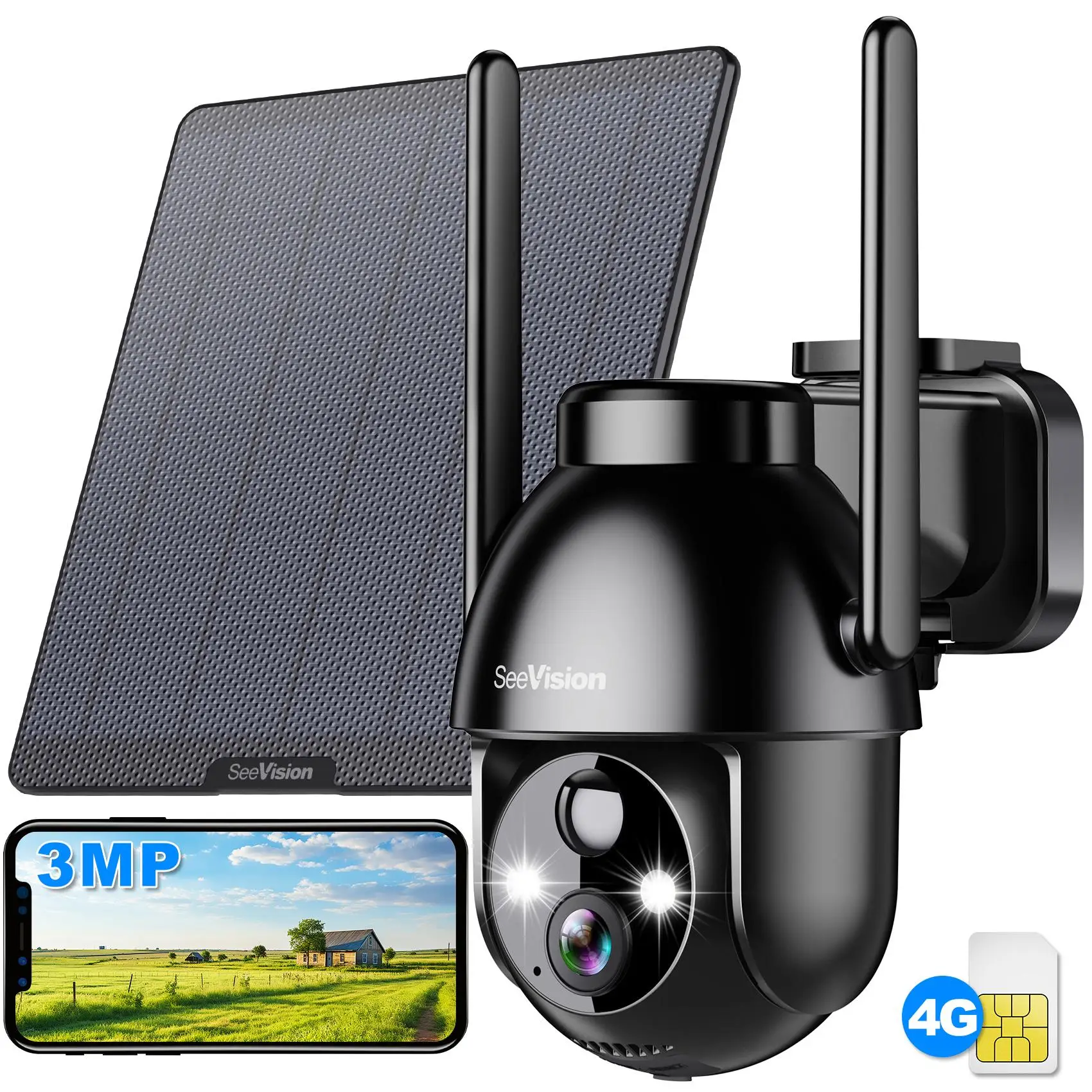 Seevision 4G LTE for No WiFi Solar Security Cameras Wireless Outdoor 3MP 2K Camera , PIR Motion Detection,Siren,Color Night Vision, SD/Cloud Storage (