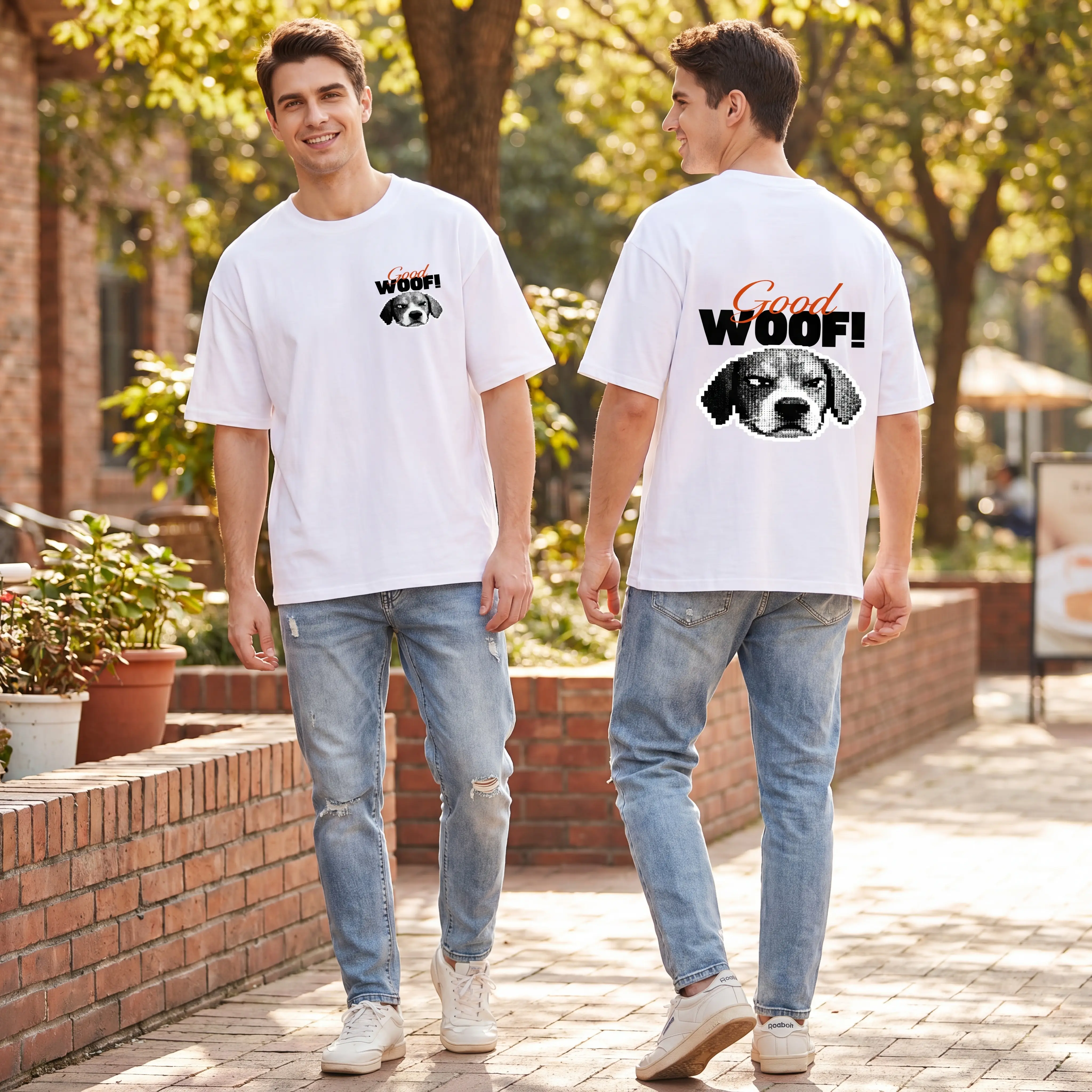 Pixel Dog Graphic T-Shirt with Double Sided 'Good Woof' Print, Unisex Oversized Cotton Short Sleeve Casual Aesthetic Streetwear, Vibe
