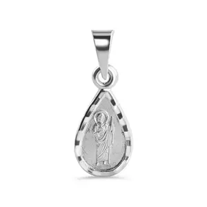 925 Sterling Silver High Polished Diamond Cut Saint Jude Teardrop Pendant