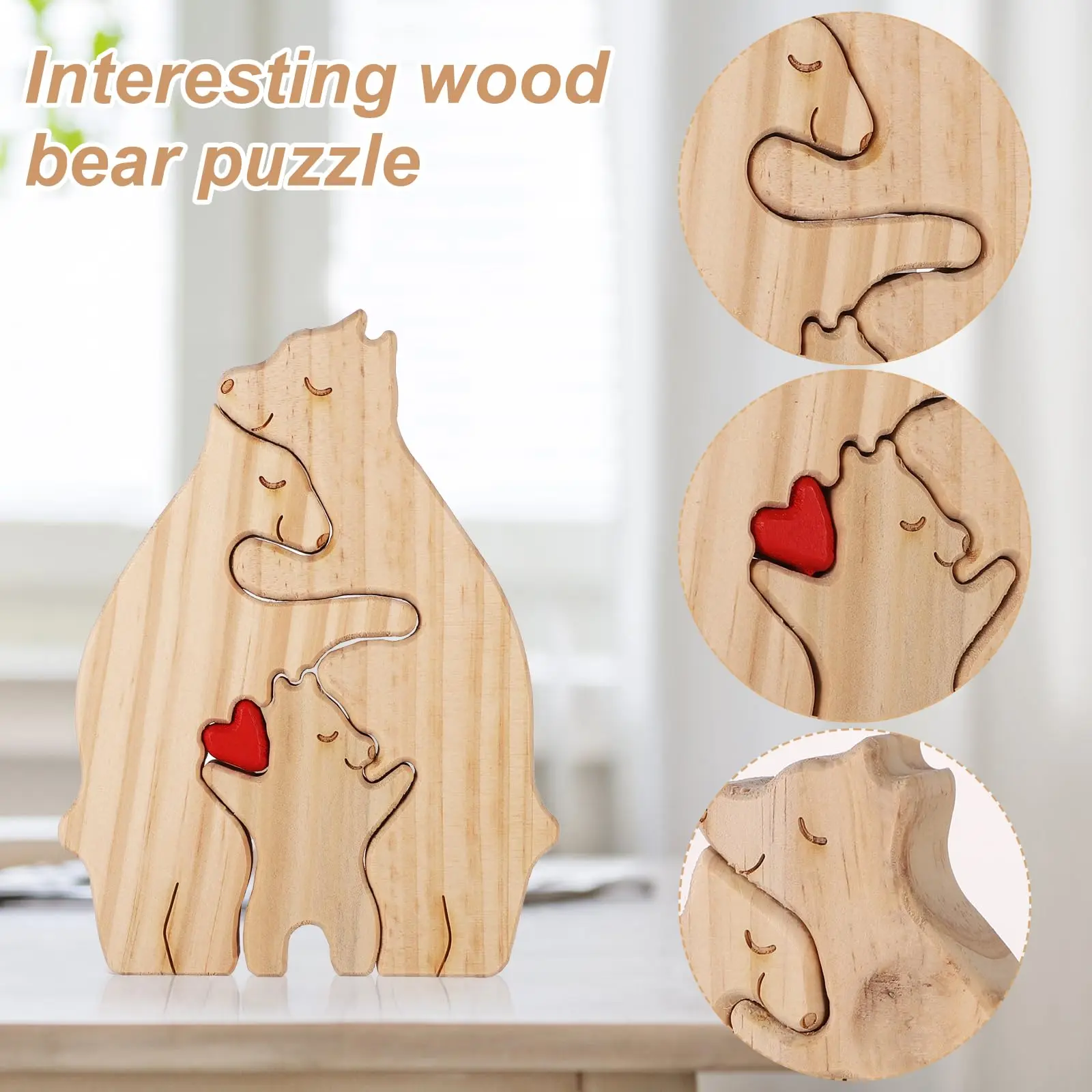 Bear Family Wooden Puzzle with Heart Decorations, Love Family Wooden Bear Sculptures, Rustic Home Decor Figurine, Sentimental Gift for Parents Mother's Day Father's Day Christmas Birthday Housewarming