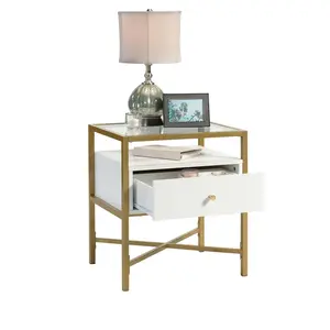 Sauder Harper Heights Side Table with Glass Top, Open Shelf, and Lower Storage Drawer