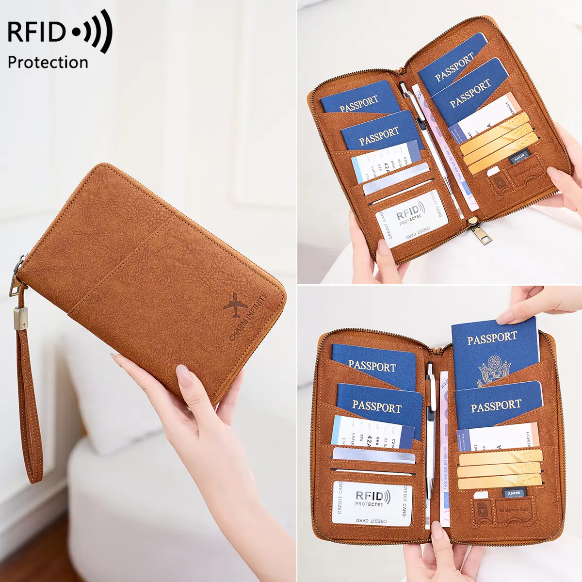 RFID Blocking Travel Wallet & Family Passport Holder, Skin-Friendly Zipper Wallet, Large Capacity Document Organizer Case with Wristlet